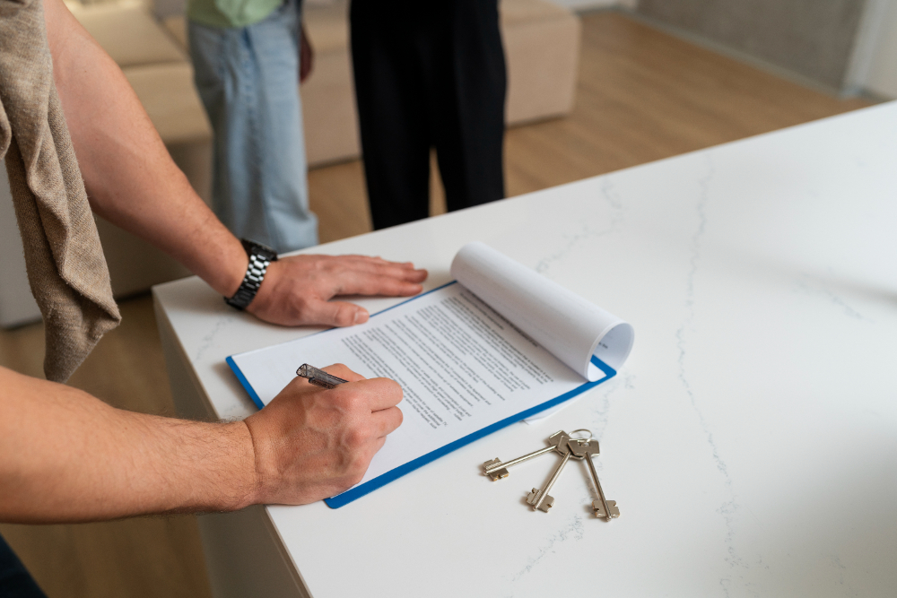 Pessoa assinando modelo de contrato de compra e venda de casa